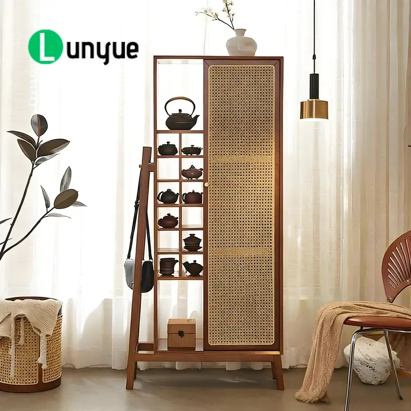 Modern Rattan Solid Wood Tea Set Storage Display Cabinet for Living Room Furniture Cup Organizer Showcase Home Decor