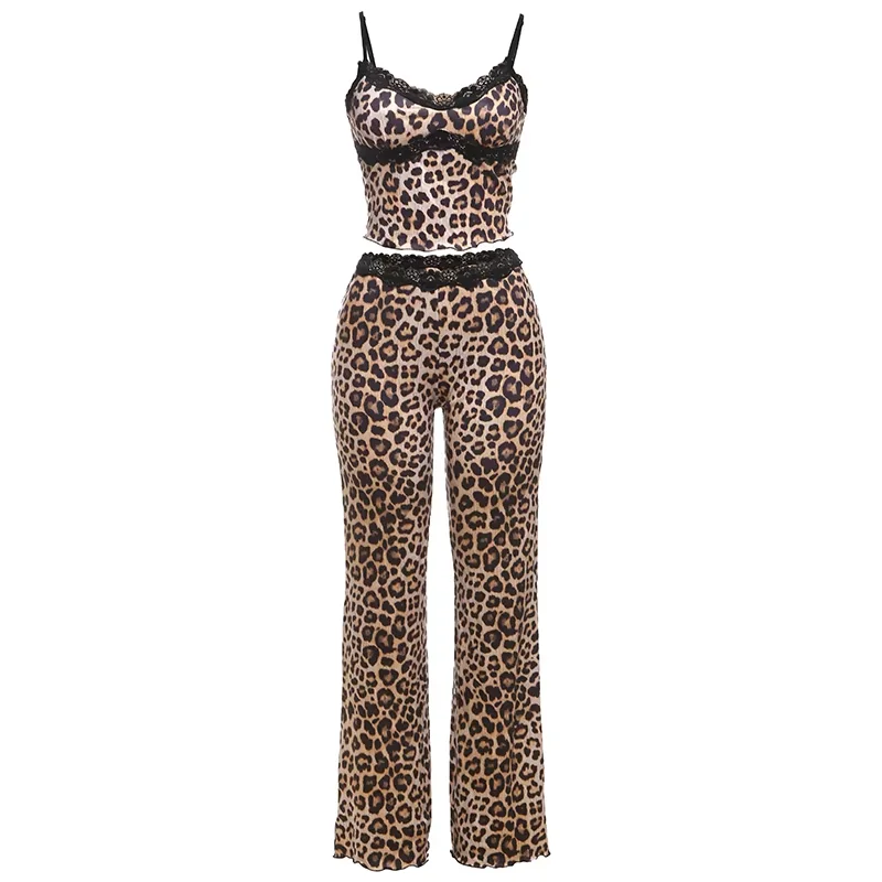 Sisterlinda Popular Street 2 Piece Sets Fashion Summer Matching Outfits Lace Trim Patchwork Crop Camis+High Waist Straight Pants