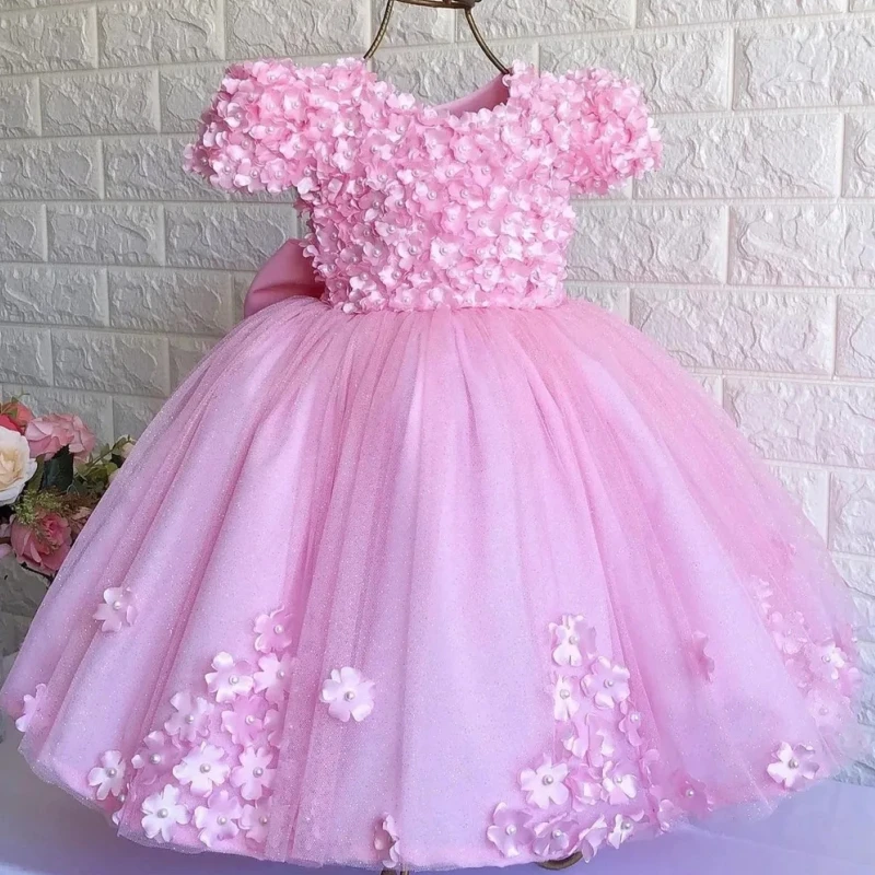 

Flower Girl Dresses Pink Tulle Puffy Many Flowers And Pearl With Bow Short Sleeve For Wedding Birthday First Communion Gowns