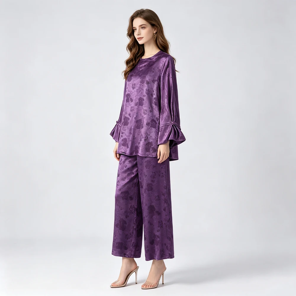 2026 Women's Autumn Fashion New Noble Purple Cartoon Lion Jacquard 25% Natural Mulberry Silk 75% Wool GuanLe Crepe Top Pants Set
