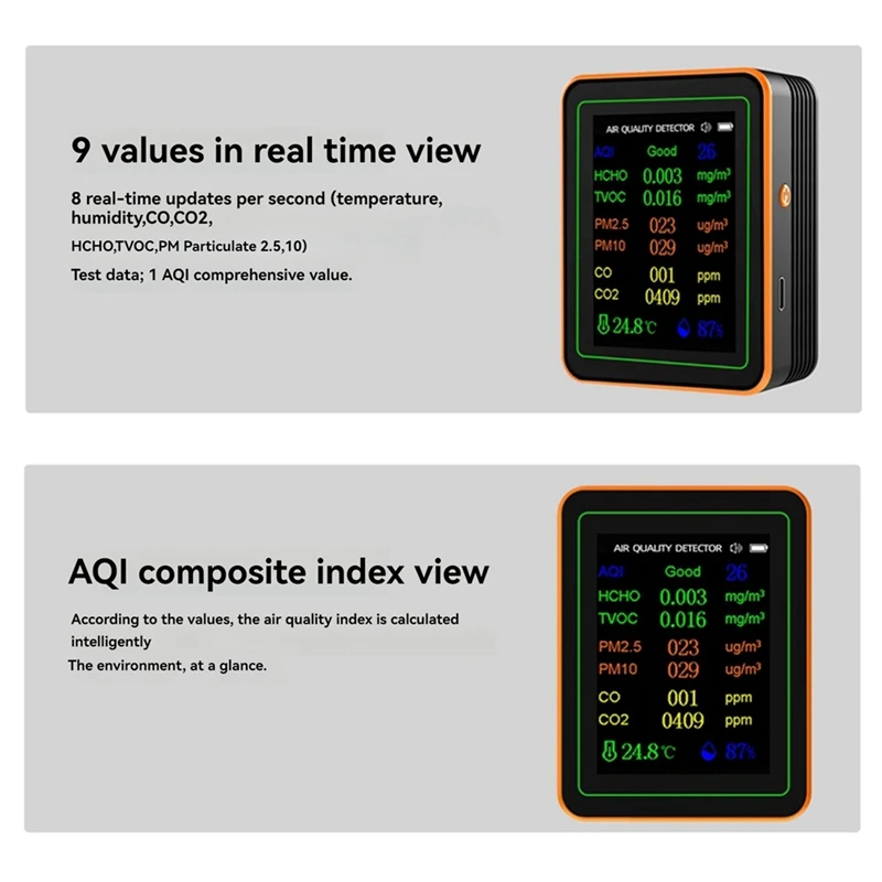 10 In 1 Air Quality Monitor AQI HCHO TVOC PM2.5 PM10 CO CO2 Temperature&Humidity Tester Carbon Dioxide Detector