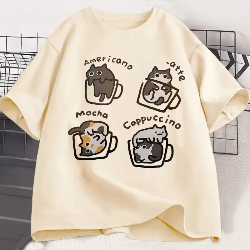 Funny Cute Coffee Cat Tshirt for Kids Men Fashion Cotton Loose Short Sleeve T-shirt Mocha Latte Cat Humor Cat Lover T Shirt