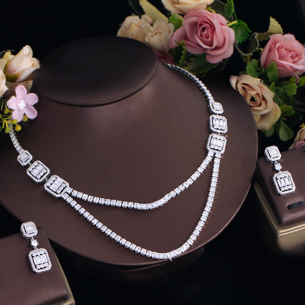 CWWZircons Shiny White Cubic Zirconia Double Layered Wedding Evening Necklace Bridal Party Wear Jewelry Sets for Women T731