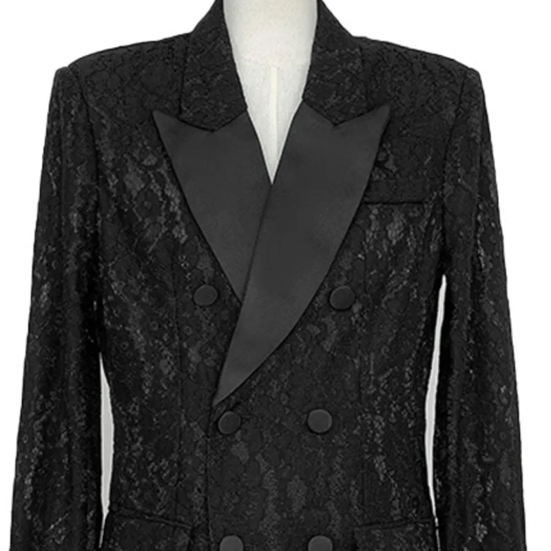 HKSH Frühling Herbst Neue Frauen Blazer Jacquard Spitze Patchwork Zweireiher Slim Fit Elegante Temperament Ins Chic Jacke HK11840