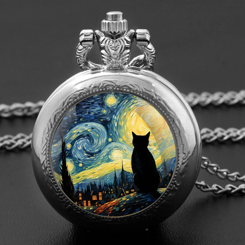 Famous Painting Cat Vintage Quartz Pocket Watch Women Men Glass Dome Necklace Unique Pendant Silver Clock Watch Gift Accessories