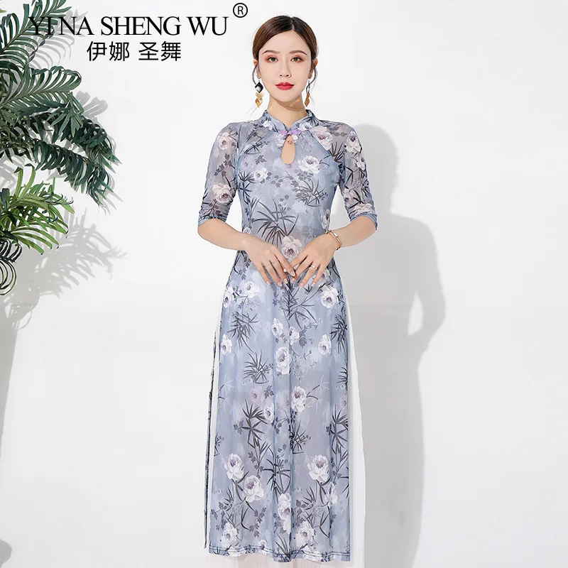 ฤดูใบไม้ร่วงใหม่คลาสสิกเต้นรําผ้าElegantหญิงสไตล์จีนCheongsamเสื้อผ้าBelly Danceเสื้อดอกไม้