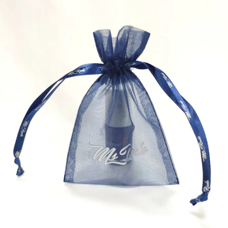 custom.Custom Navy Blue Organza Nail Packaging Pouch With Silver