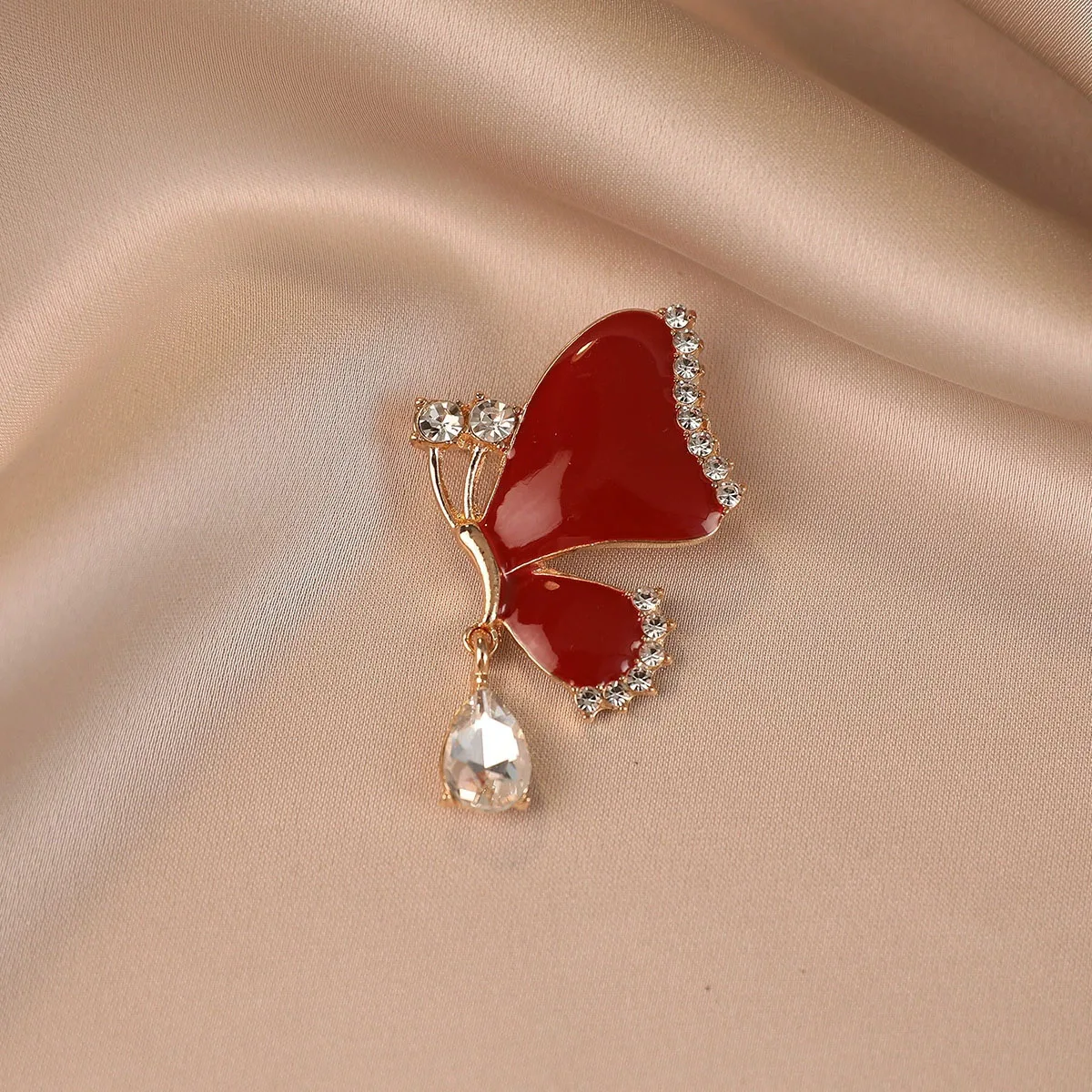 Exquisite Butterfly Zircon Waterdrop Brooches For Women Red Enamel Crystal Brooch Pins Clothing Jewelry Accessories Gift