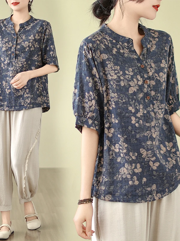 

Artistic Women's Cotton Linen irt ort Sve Floral Print Thin Cotton Linen Top Summer Sle Commute Faion Sun Protection