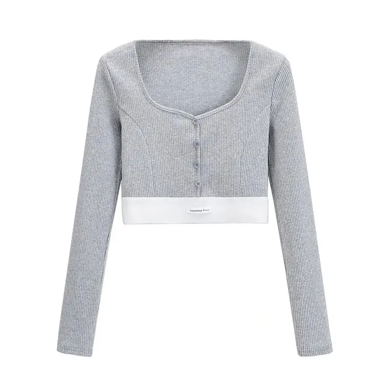 تي شيرت طويل الأكمام ملابس النساء Y2k الخريف الشتاء الكورية موضة بلون زر محبوك تي شيرت للمرأة 2024 #6