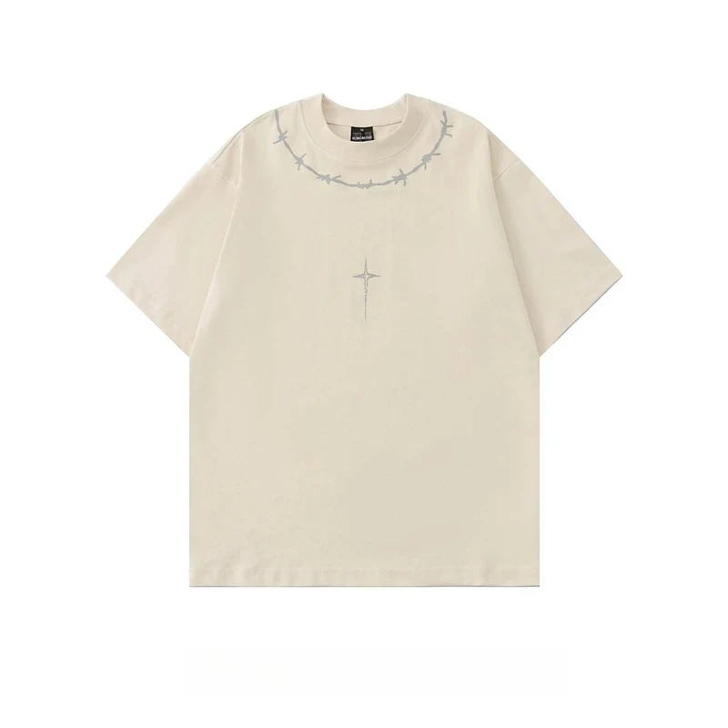Summer New Dark Thorn Wire Cross Star Print T-shirt Men Y2K Gothic Loose Round Neck Short Sleeve Streetwear Casual Top