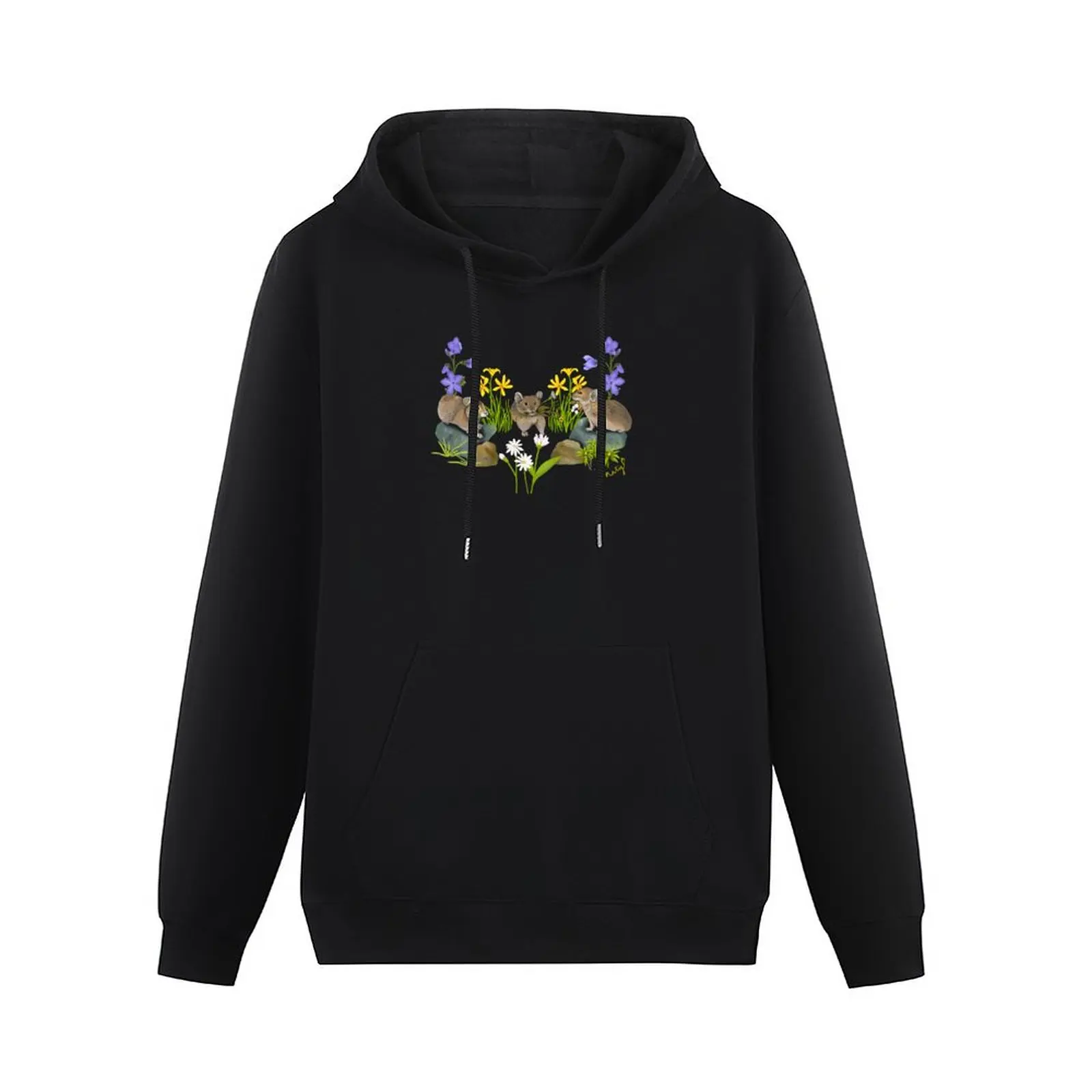 Northern Pika and flowers pattern, cute little Pikas carrying flowers. Black. Pullover Hoodie men wear designer hoodies