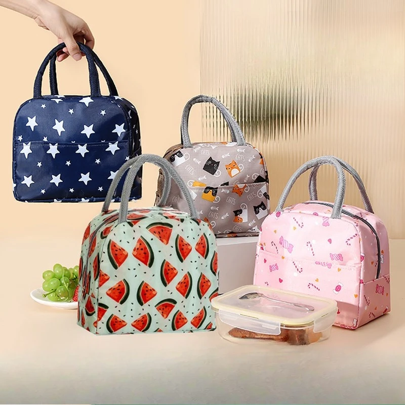 

Большая вместительная сумка для хранения температуры с мультяшным принтом, милая студенческая сумка-бенто с принтом, детская портативная ручная сумка для обеда