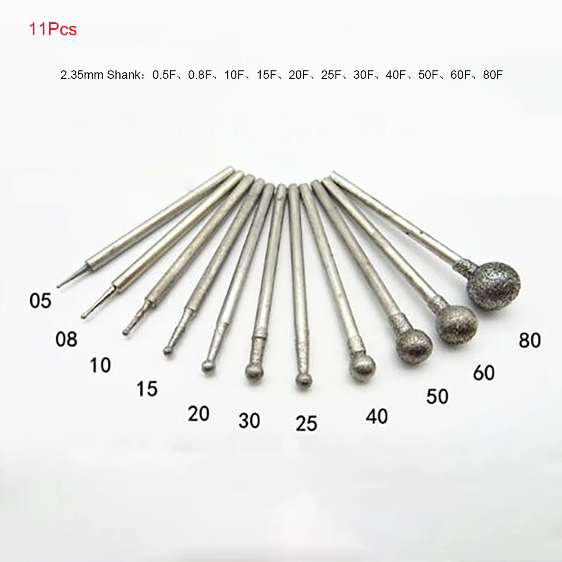 

11Pcs 2.35mm Shank 0.5mm-12mm Spherical Diamond Grinding Point Ball F Needle Round Head Glass Jade Carve Tools