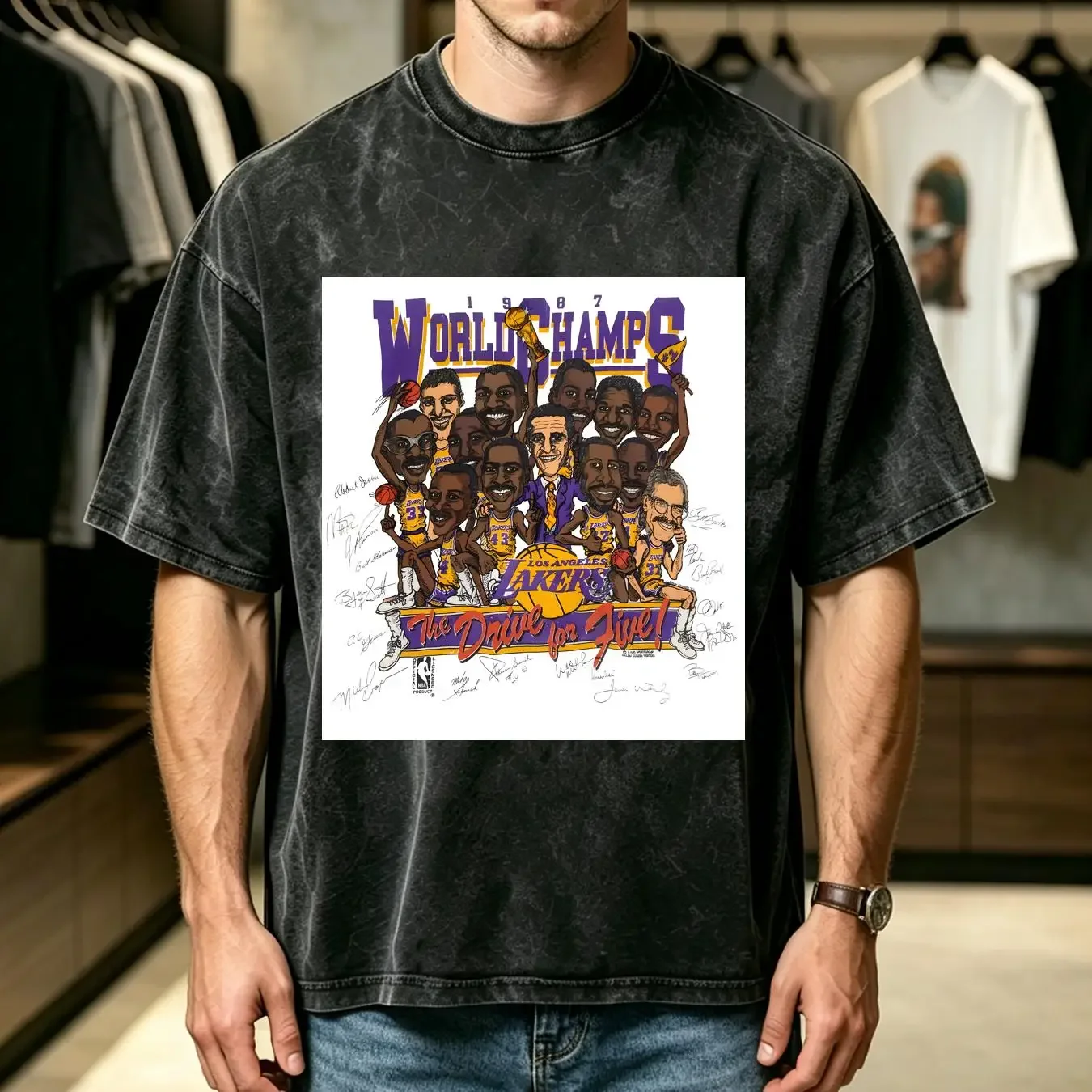 washed T Shirt Vintage LOS ANGELES LAKER 1987 World Champs The Drive For Five Sz L XL vintage Washed Versatile Unisex
