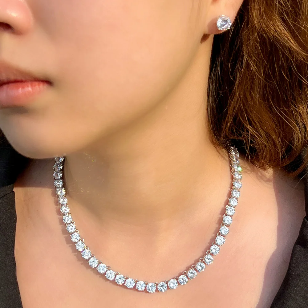 CWWZircons Atemberaubendes Großkarat-Rund-CZ-Tennis-Halsketten- und Ohrring-Set Luxuriöses Brautschmuck-Set für Hochzeit und Abendveranstaltungen Großhandel T0511 – Detail 3