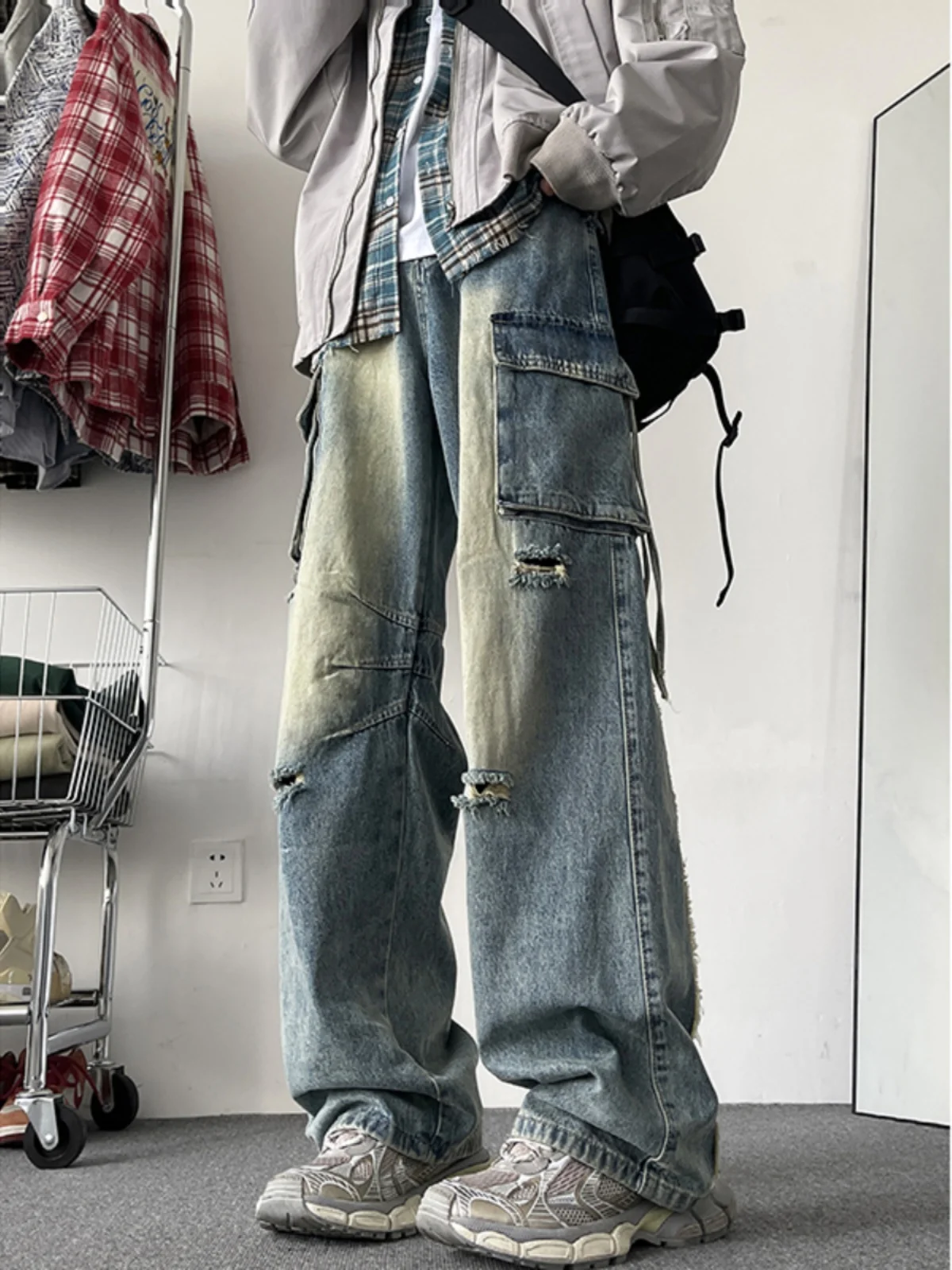 

American Retro Workwear Jeans Men's High Street Vibe Trendy Brand Hole Function BF Sle Loose Straight Long Pants