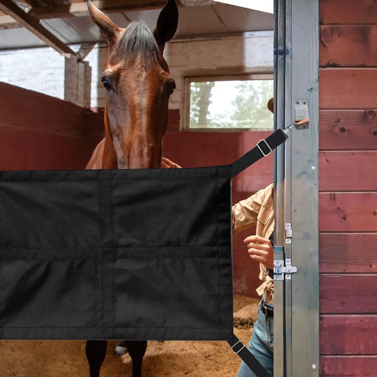 Protector de puesto de caballos, correas ajustables, longitud ajustable, puerta de puesto de caballo, mantiene el caballo robusto de forma segura con ganchos, fácil instalación