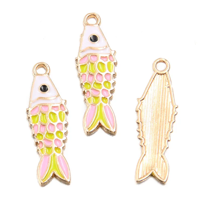 5 piezas de colgantes pequeños con forma de pez de colores, 8*26mm, de aleación de oro KC, con efecto de goteo de aceite, accesorio para bolsos de joyería
