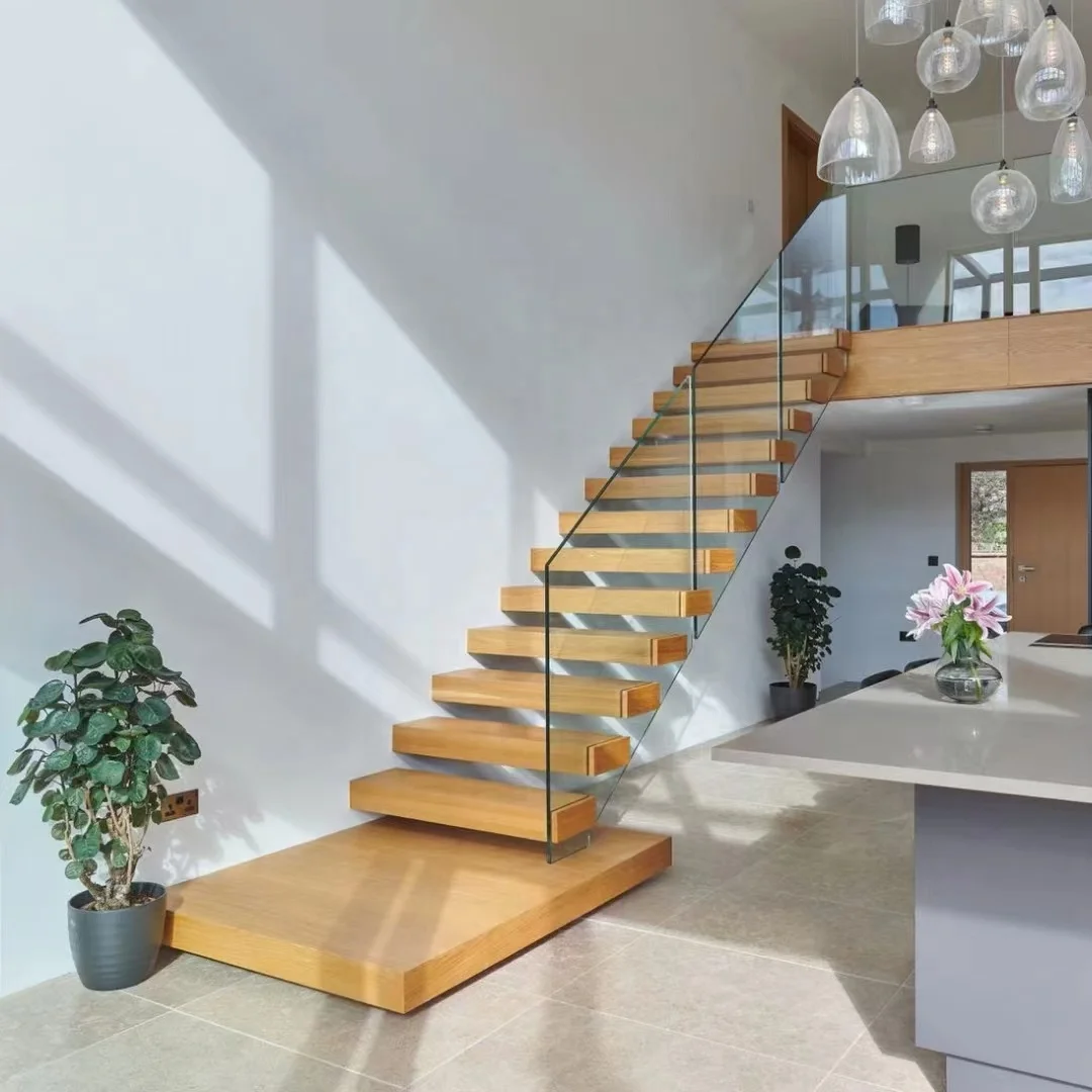 Customization Straight Stair Cantilever Staircase With Glass Panel Railing Solid Wood Steps Design Floating Stairway