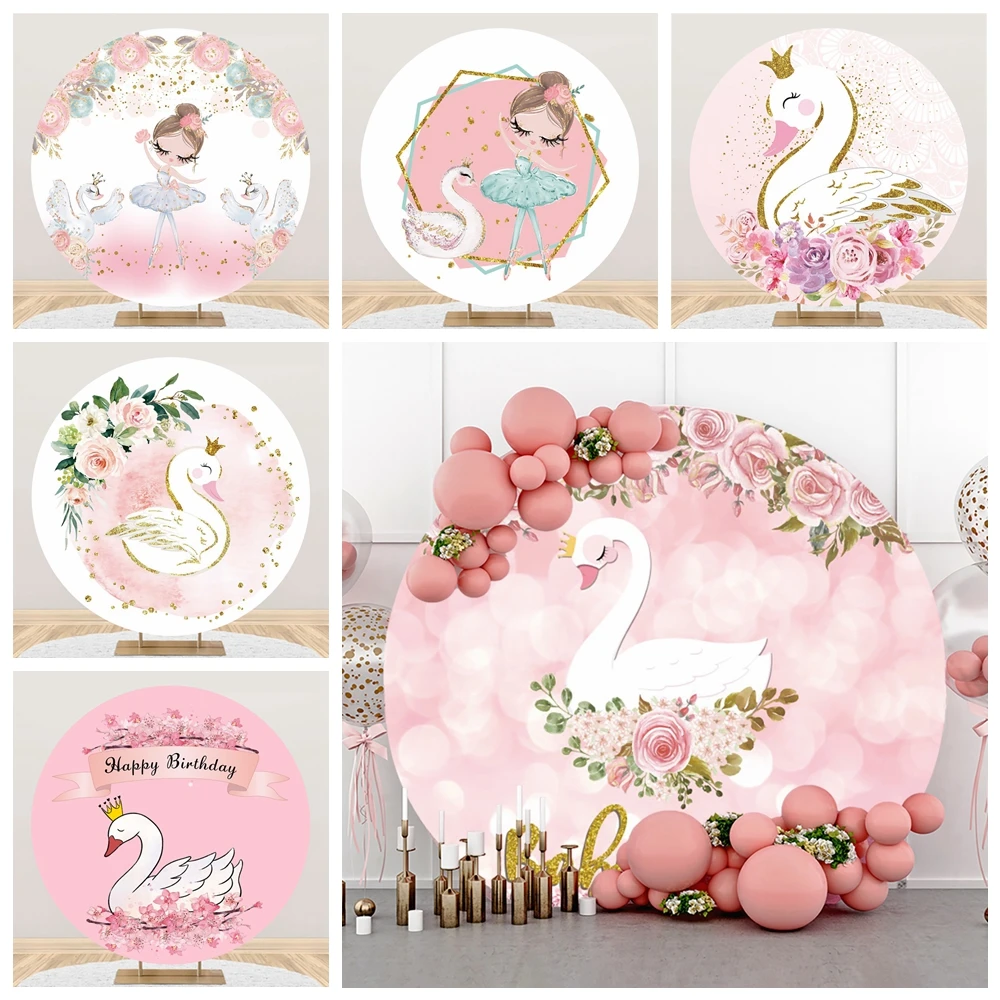 

Swan Round Backdrop Cover Pink Flower White Goose Princess Baby Girl Birthday Party Portrait Photography Background Photo Studio