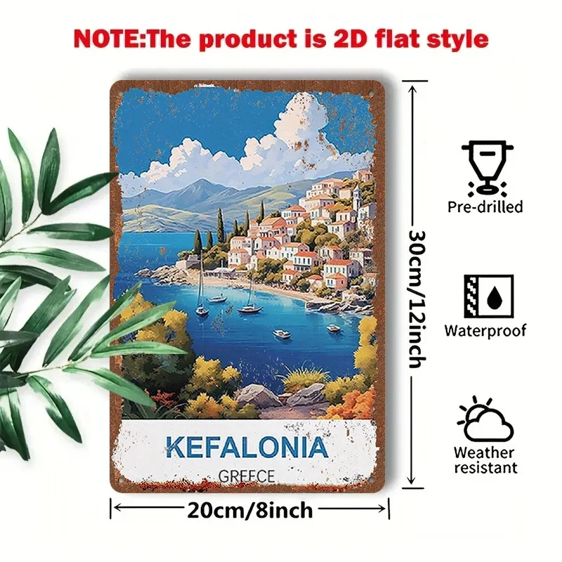 2D Flat Surface - 1 piece 2D [flat] Greek Corfu Island landscape tin painting, 8X 12inch /20X 30cm , depicting an island with blue