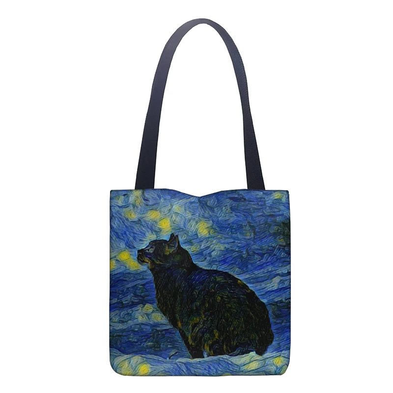 Van Gogh Starry Sky Cat Tote Bag Girls Pacakge Hand Bag Women Eco Reusable Shoulder Shopper Bags Shopping Bag