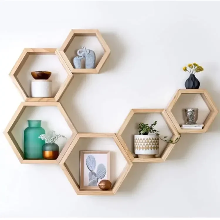 Wooden wall hanging hexagonal storage, floating shelf, honeycomb shaped display rack, wall decoration