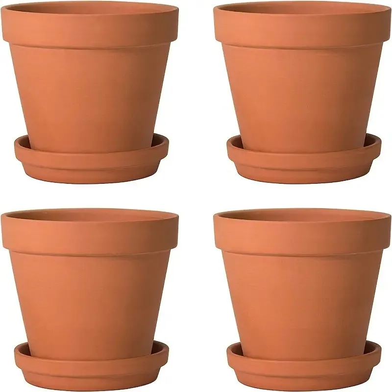 4pcs Terracotta Pots 4 Inch (4 Pack), Clay Pots for Plants with Drainage Hole and Saucer, Flower Pot with Tray, Large Terracotta