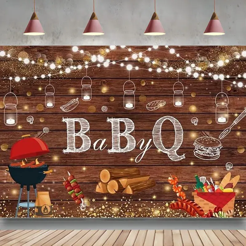 BBQ Backdrop String Lights Rustic Wooden Board Party Barbecue Baby Shower Banner Decoration Photography Background Booth Props