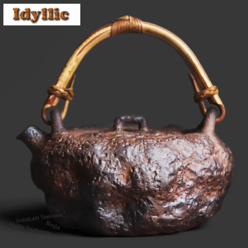 650ml Pottery Clay Stone Texture Handle Teapot Rattan Loop-handled Tea Infuser Pot Tea Making Kettle With Strainer Cha Teaware