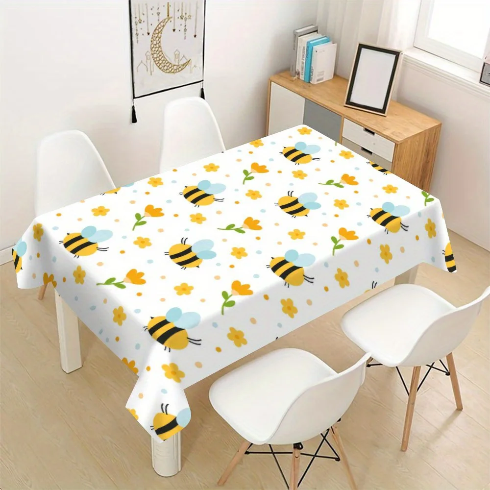 Bumblebee Tablecloth, Bee and Tiny Flower Print Cover, Anti-stain Table Cloth, Decor for Dining & Bee Theme Birthday Party Table