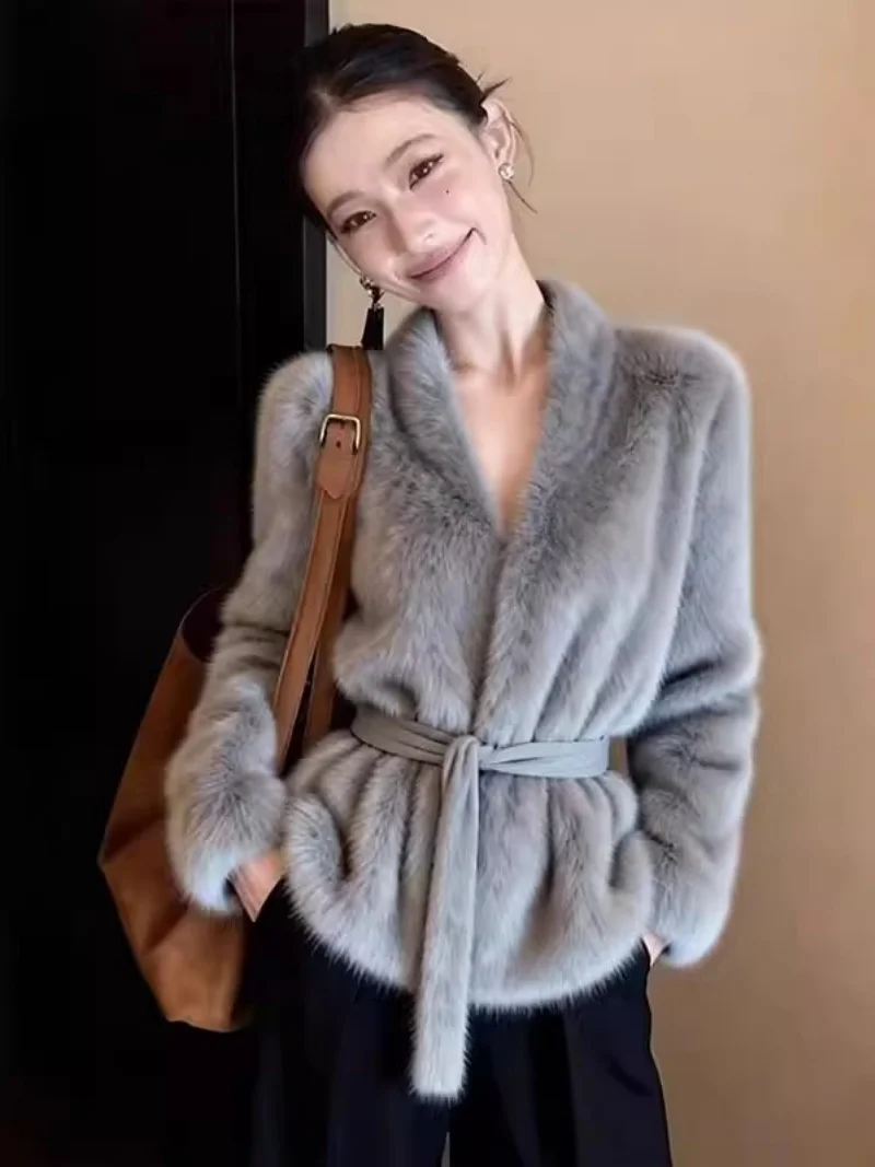 Luxury Faux Fur Cardigan for Women 2026 Winter New Arrival, Elegant V-Neck Long Sleeve Shaggy Jacket, Soft Cozy Loose Outwear J0