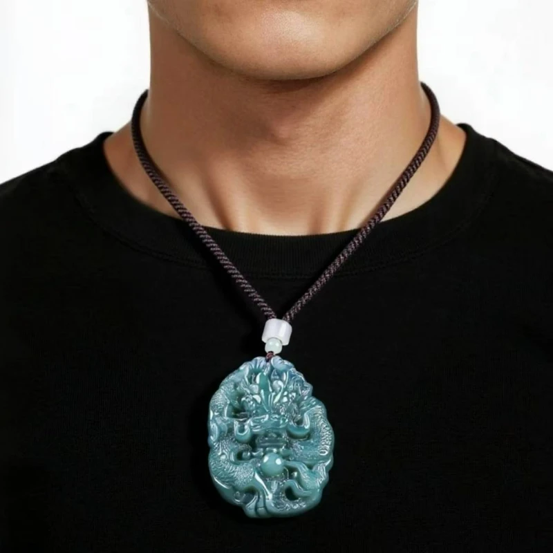 

Natural A-grade Jade Blue Water Auspicious Zodiac Dragon Jade Iceite Men Women Couple Necklace Pendant Accessories Amulet Gift