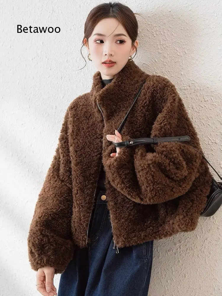 Womens short lamb wool faux fur overcoat stand collar zipper closure integrated shearling outerwear fashionable autumn winter d