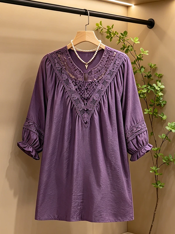 

Summer 2026 plus Size Women's Shirt Vintage Purple Lace Trim Loose Belly Covering Slimming Top Casual Style round Neck Seven ...