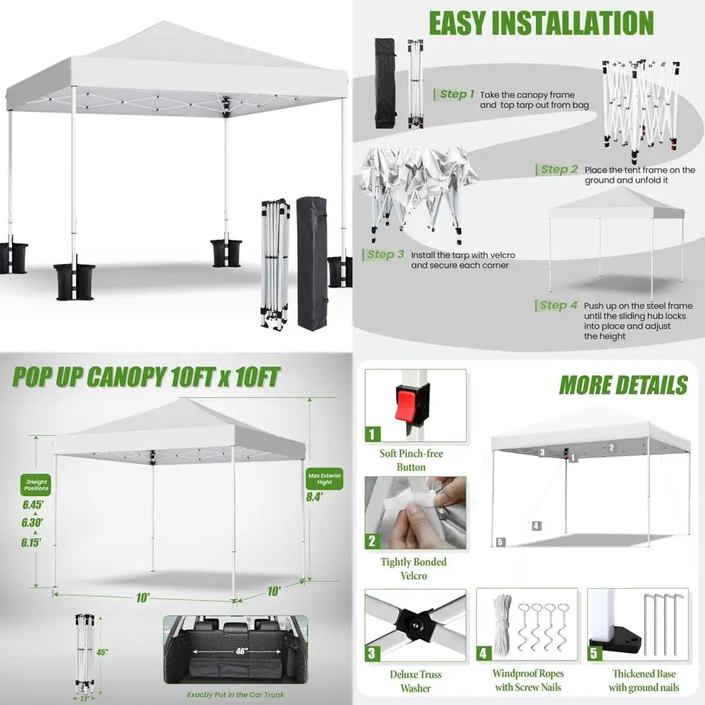 

Heavy-Duty 10x10 Pop Up Canopy Tent with Carrying Bag, Ideal for Beach, Parties, Events, Camping, Outdoor Sun Shelter
