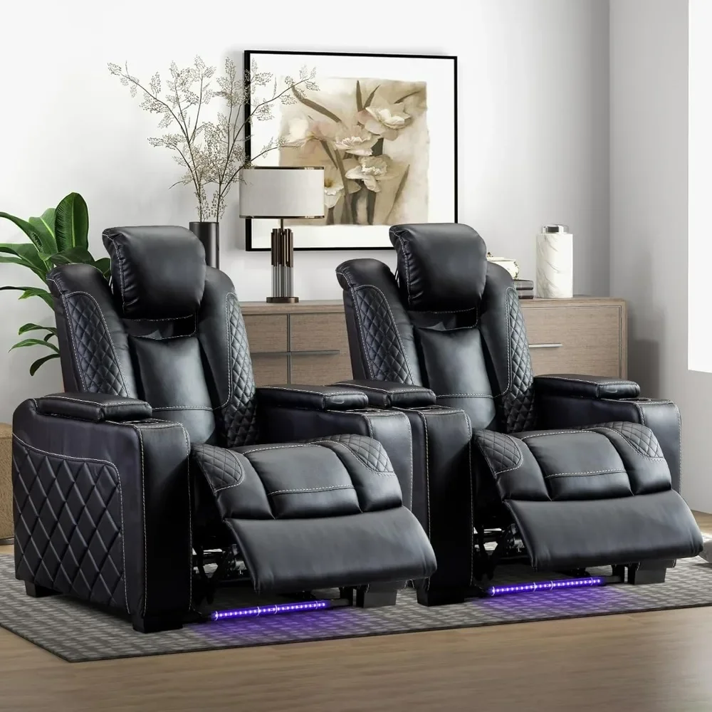 Home Theater Seating Set of 2, Chair with Ambient Lighting, Power Headrest, Lumbar Support Faux Leather Electric Power Recliner