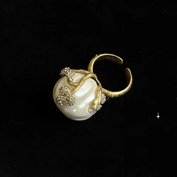 French elegant rose flower large pearls ring for women