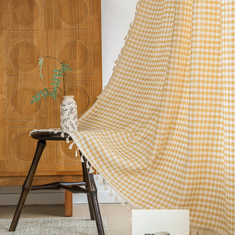 New Plaid Cotton Tube Curtains for Living Room Nordic Semi-Shading Curtain for Room Divider Bedroom Sun Protection Window Drapes