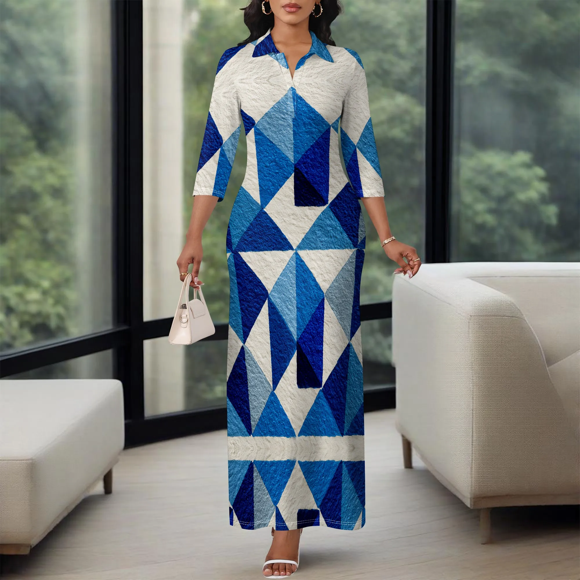 

Blue Geometric Maxi Shirt Dress XS-3XL 3/4 Sleeve Minimalist Style for Art Gallery Visit, Creative Office or Spring City Look