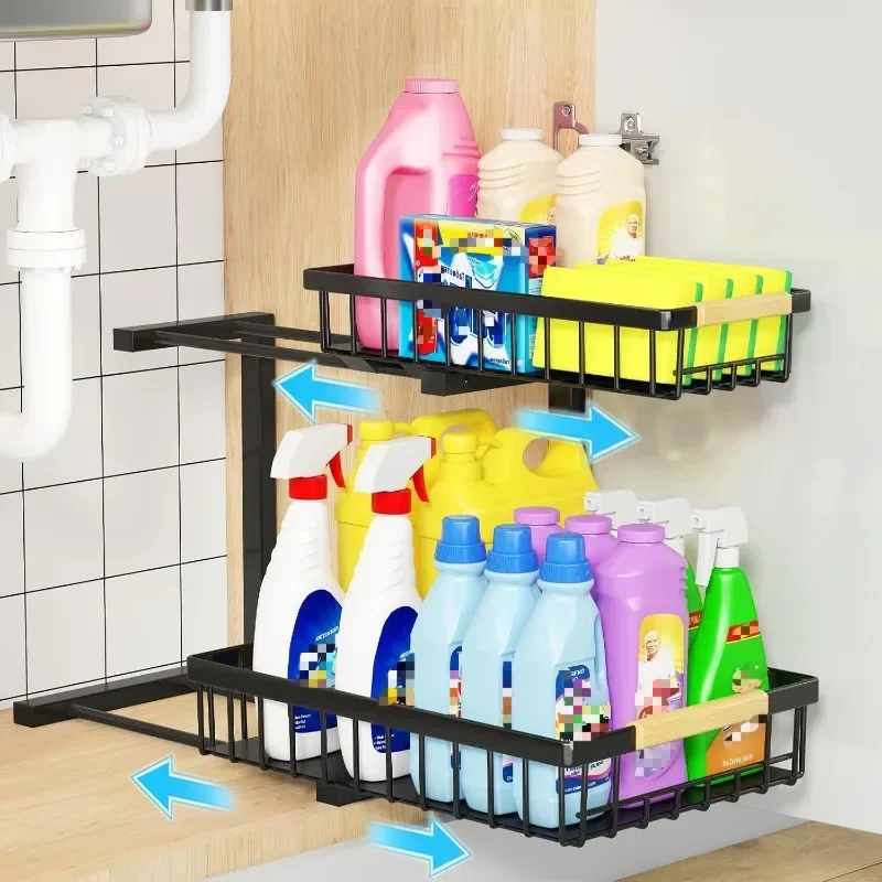 

Under sink storage and storage, 2-tier pull-out cabinets, metal sliding drawer shelves for kitchen and bathroom wardrobe storage