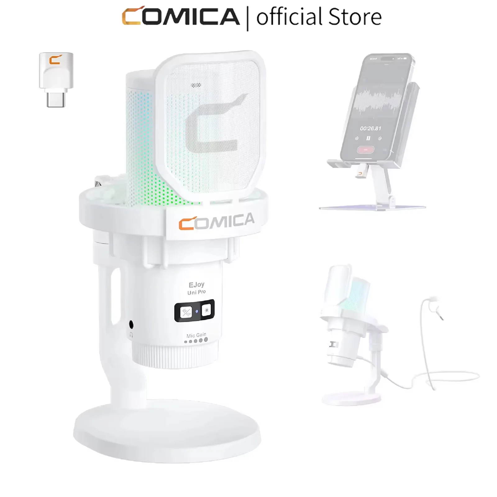 COMICA Ejoy Uni Pro Wireless USB Gaming Microphone for PC, smartphone,PS4/5 Condenser RGB Microphone with Noise reductuon