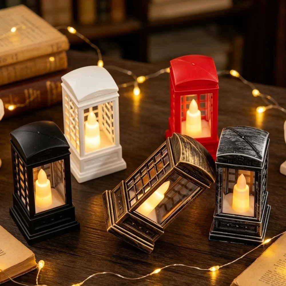 Retro LED Candle Light Flameless Warm Light Phone Booth Night Light Battery-Operated European Style Mini Christmas Ornaments