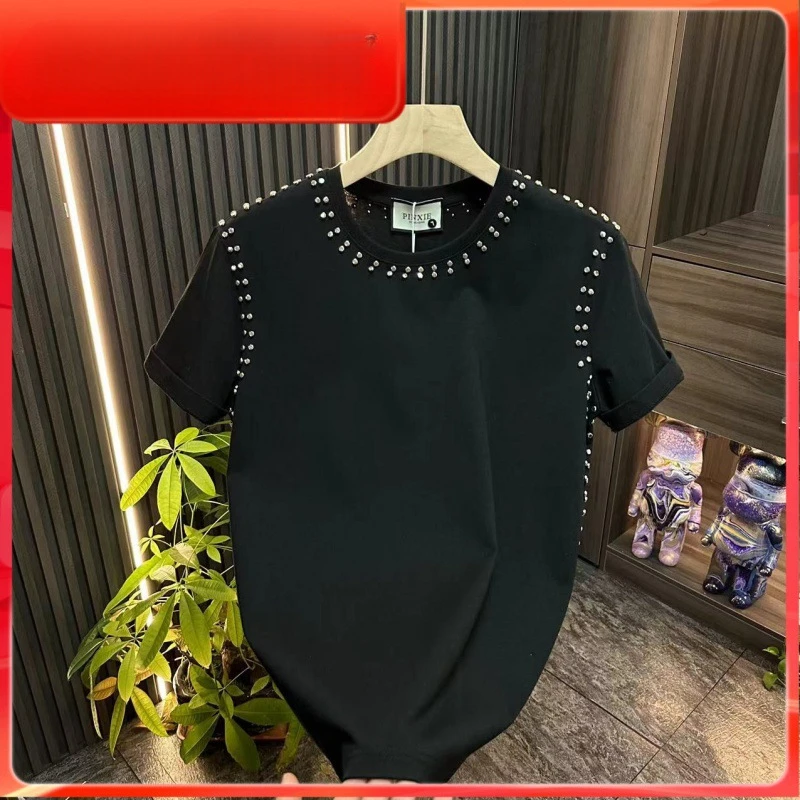 Trendy Men's New Fried Street Heavy Rivet Short-sleeved T-shirt Male Student Korean Version Loose-slimming Large-size Blouse