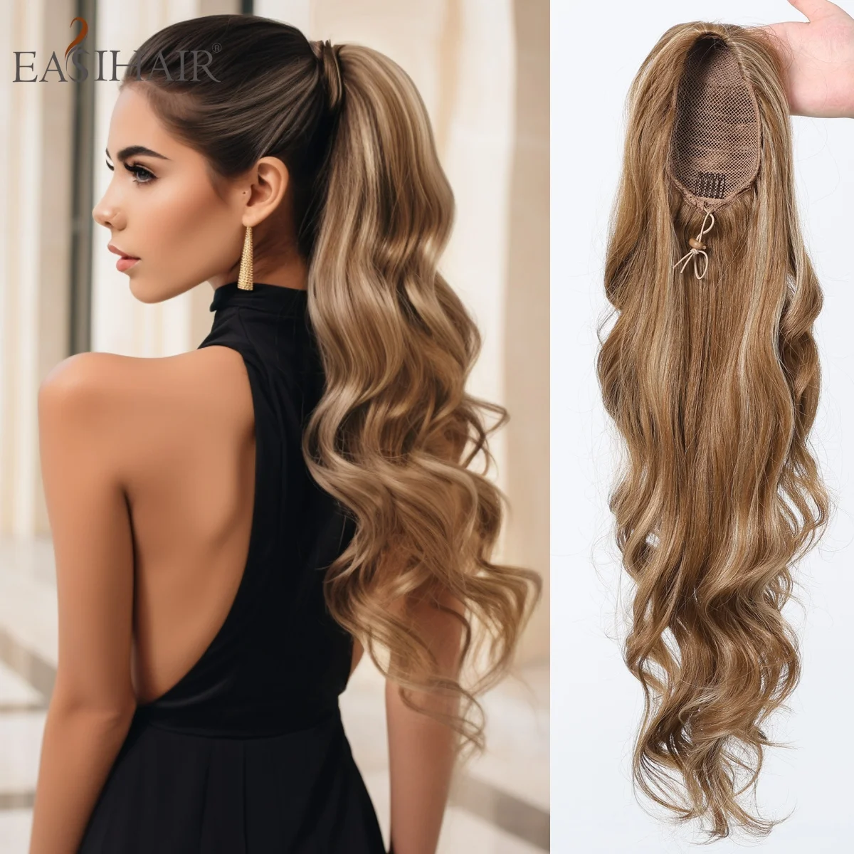 

Long Wavy Drawstring Ponytail Extension Light Honey Blonde Ombre Synthetic Heat Resistant Fiber for Women Party Daily Wear