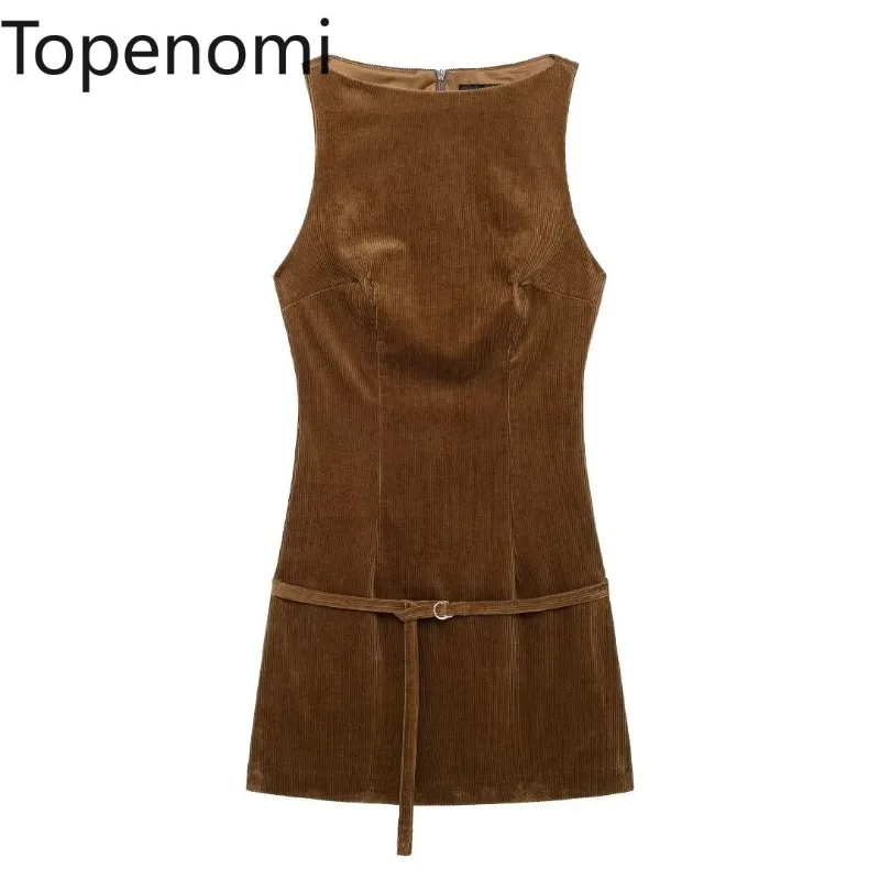 Topenomi Autumn Winter Corduroy Dress Women French Retro O Neck Sleeveless Belt Waist A-line Dresses Fashion Slim Y2k Vestidos