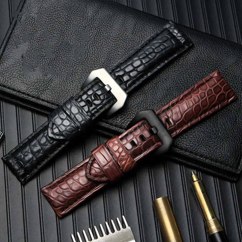 Correa de piel de cocodrilo de alta calidad para reloj Panerai 441 PAM312, pulsera de cuero genuino negro y marrón para hombre, 22mm y 24mm
