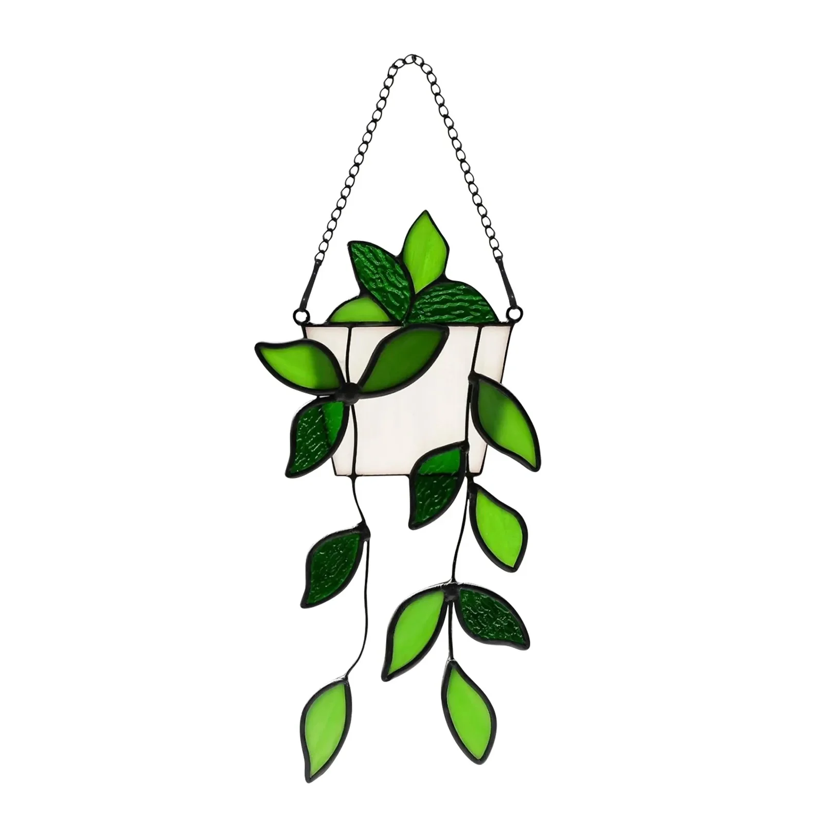Artificial Plant Decor Handmade Green Fake Plant Stained Glass Window Hanging Light Catcher Decorative Gift For Plant Lover