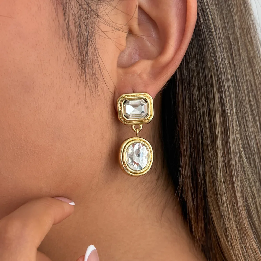 

PuRui New Stainless Steel Shiny Big Rhinestones Drop Earrings Women 18K Gold Plated Square Oval Pendant Hypoallergenic Earrings